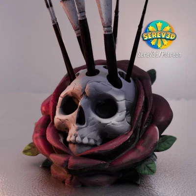 Skull Rose - Ống đựng bút & cọ vẽ - Đồ trang trí bàn làm việc - Serev3D