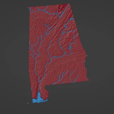 Bản đồ địa hình tiểu bang Alabama, Mỹ (AL) kèm sông ngòi