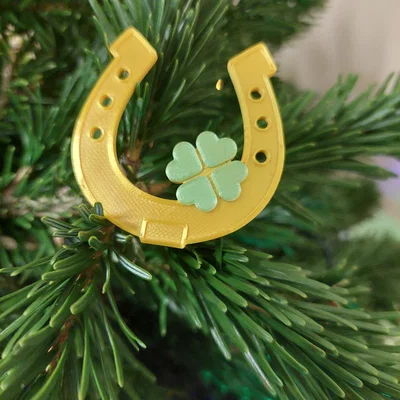 Móng ngựa may mắn phối cỏ bốn lá - Vật phẩm trang trí in 3D xinh xắn