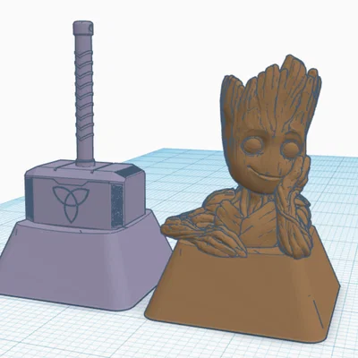 Mô hình trang trí bàn phím cơ chủ đề Marvel: Groot và Búa Thor