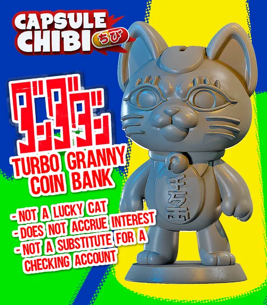 Mô hình 3D Turbo Granny Coin Bank - Heo đất mèo may mắn độc đáo - Image 1