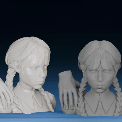 Tượng bán thân Wednesday Addams và Thing 3D độc đáo