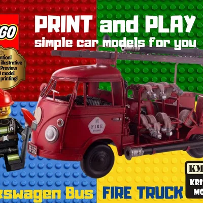 Mô hình in 3D xe cứu hỏa Volkswagen Bus phong cách LEGO độc đáo