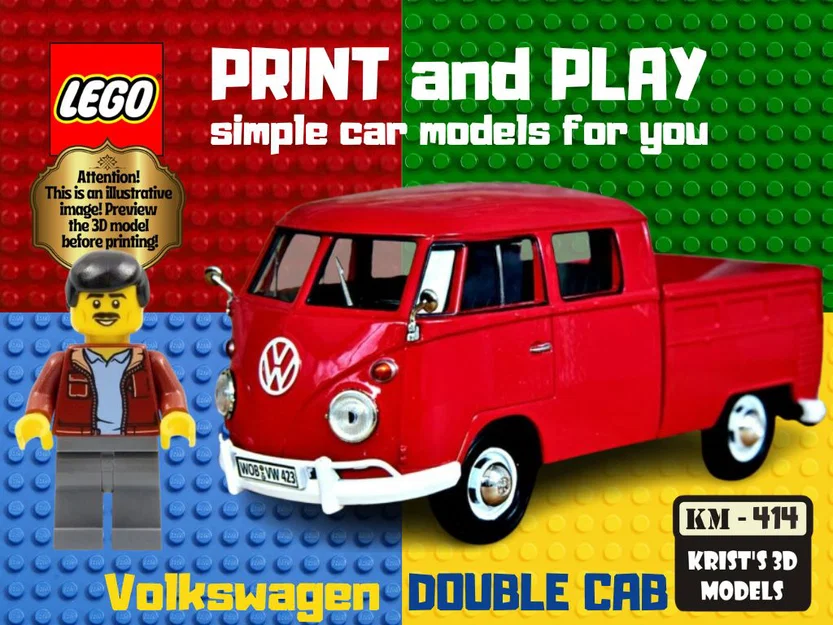 Mô hình xe Volkswagen T2 Double Cab phong cách LEGO cho máy in 3D - Image 1