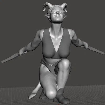 Tiefling nữ tinh nghịch, đồ ngủ, ngồi chồm hỗm cầm dao găm