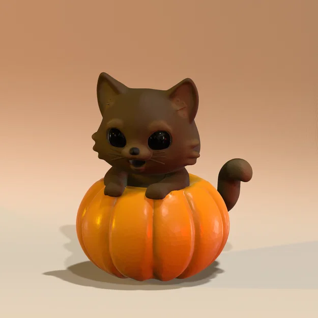 Mô hình mèo nhỏ ngồi trong bí ngô (Cat in pumpkin) trang trí 3D siêu yêu - Image 1