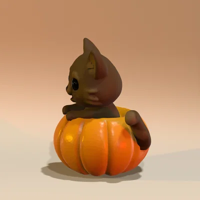 Mô hình mèo nhỏ ngồi trong bí ngô (Cat in pumpkin) trang trí 3D siêu yêu