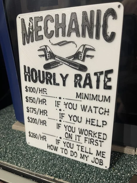 Bảng hiệu in 3D hài hước về phí dịch vụ thợ máy (Mechanic Hourly Rate) - Image 1