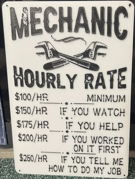 Bảng hiệu in 3D hài hước về phí dịch vụ thợ máy (Mechanic Hourly Rate) - Image 2