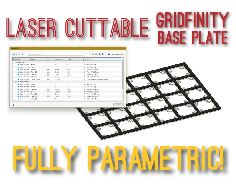 Đế Gridfinity cắt laser Parametric, có/không nam châm (Fusion360) - Image 1