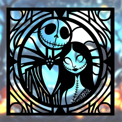 Spooky Halloween 2024 – Jack & Sally phong cách kính màu (Wall Art 2D hình học)