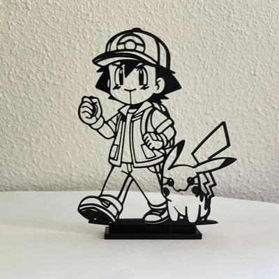Mô hình trang trí Ash Ketchum và Pikachu 3D Line Art độc đáo
