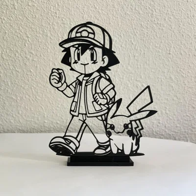 Mô hình trang trí Ash Ketchum và Pikachu 3D Line Art độc đáo