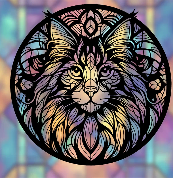 Mandala Maine Coon – Wallart 2D phong cách Stained Glass - Image 1