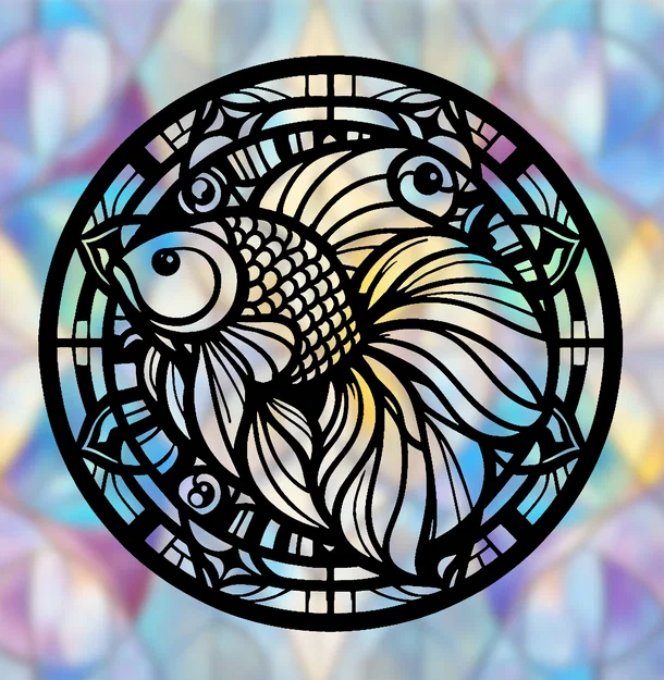 Mandala Cá Vàng – Wallart hình học 2D (Phong cách Stained Glass) - Image 1
