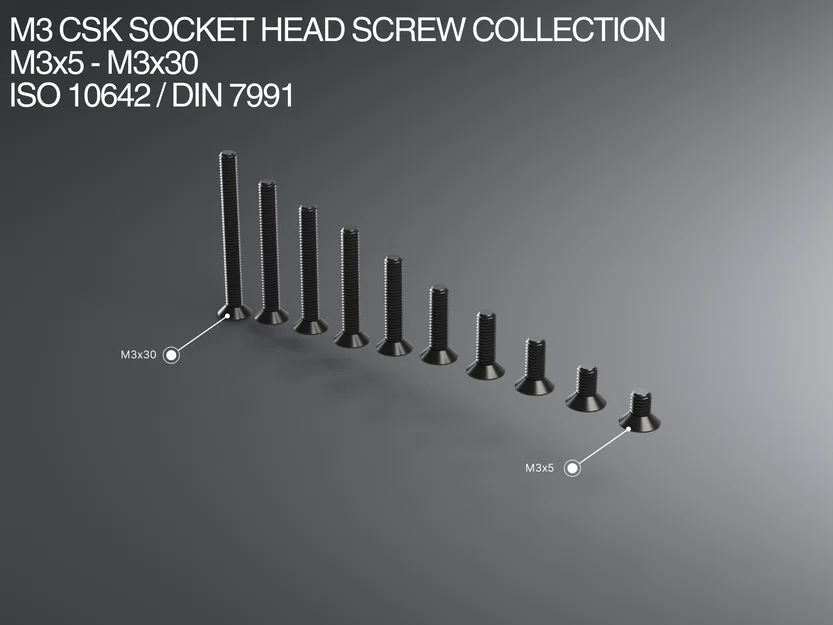 Bộ sưu tập vít M3 CSK Socket Head M3x6–M3x30 ISO 10642 / DIN 7991 - Image 1