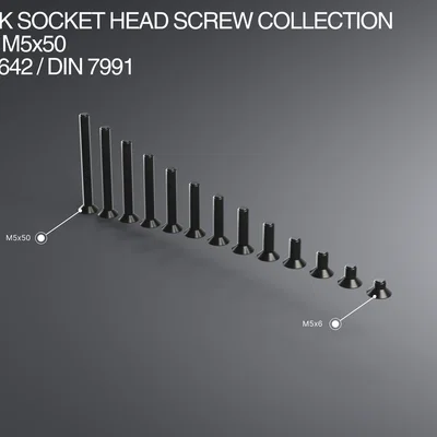 Bộ sưu tập vít M5 CSK Socket Head M5x6–M5x50 ISO 10642 / DIN 7991