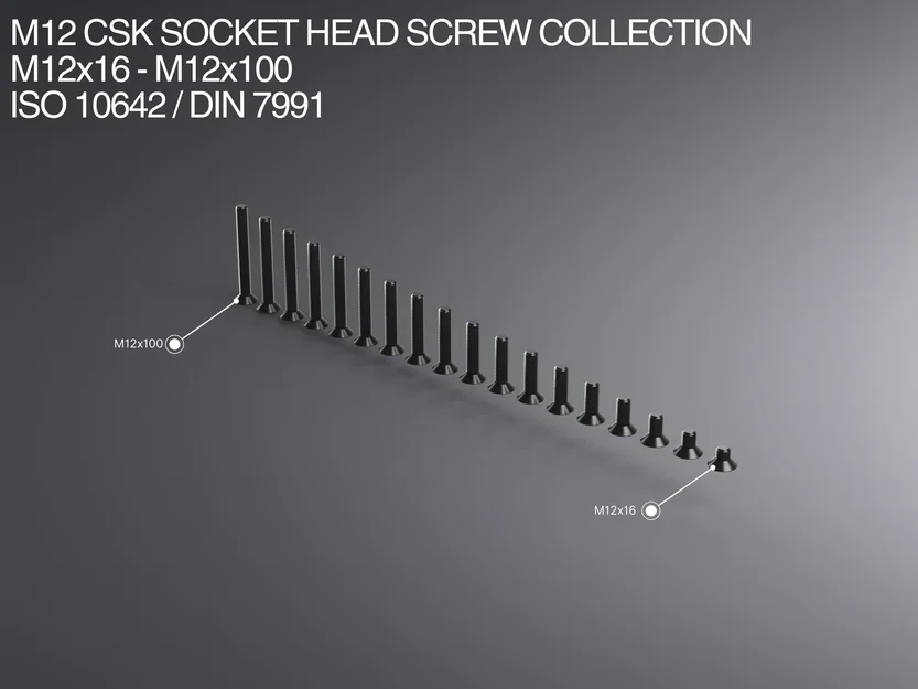 Bộ sưu tập ốc vít đầu bằng M12 (M12x16-M12x100) chuẩn ISO 10642 / DIN 7991 - Image 1