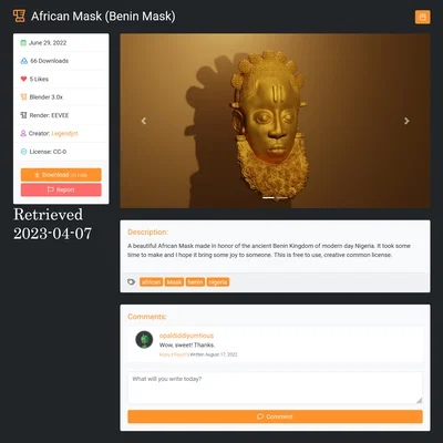 Mô hình 3D Mặt nạ Châu Phi cổ đại (Benin Mask) cực chi tiết