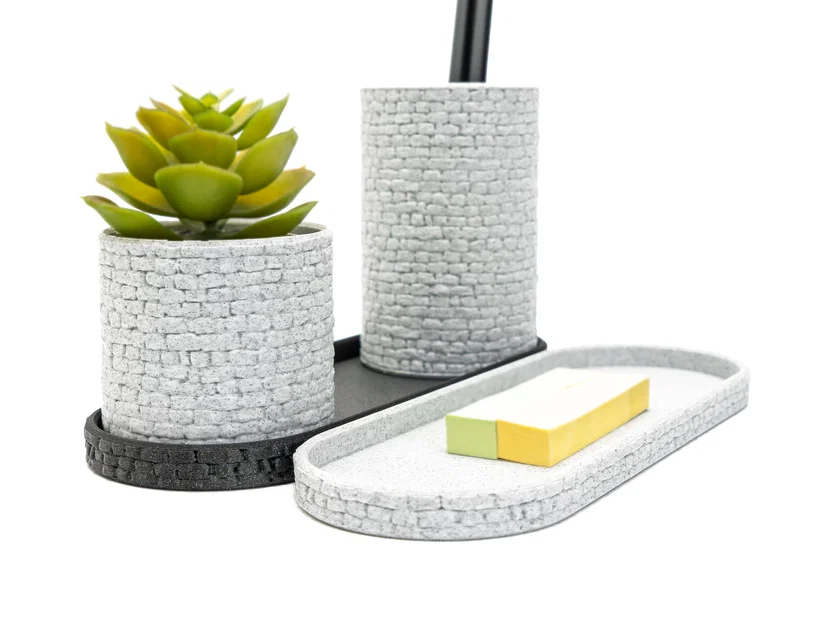 Bộ khay cắm bút 3D họa tiết tường đá - Tổ chức góc làm việc - Image 1