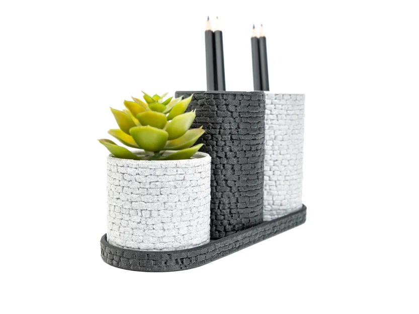 Bộ khay cắm bút 3D họa tiết tường đá - Tổ chức góc làm việc - Image 3
