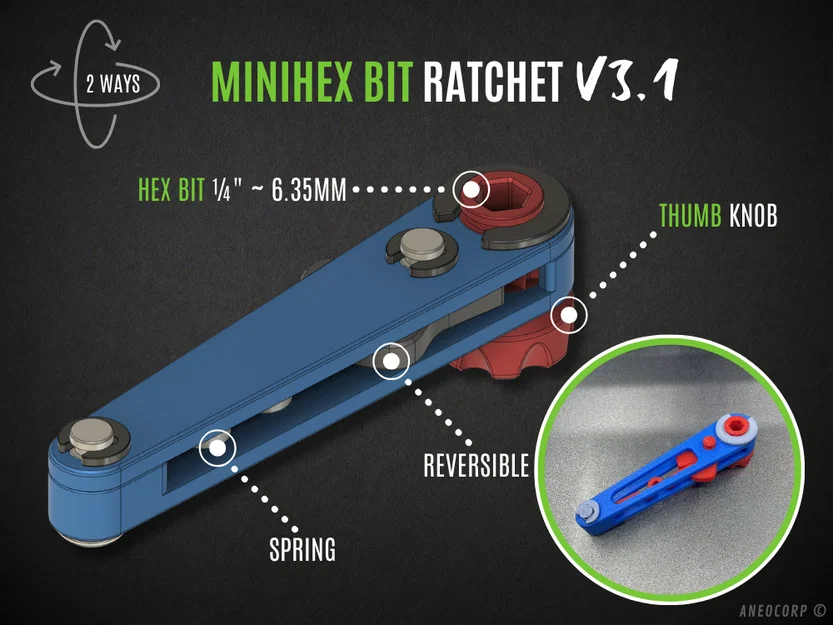 MiniHex Bit Ratchet v3.1 – Ratchet hex bit 1/4 inch nhỏ gọn - Image 1