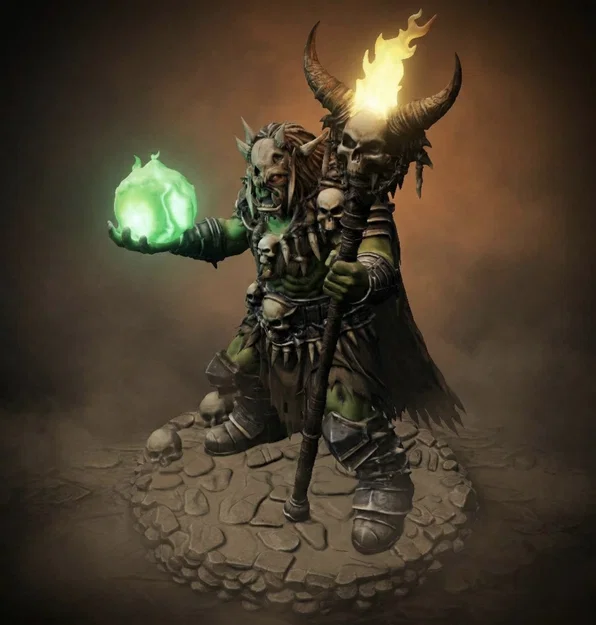 Bloodbound Realms – Orc – Bonefire Shaman, Phù thủy chiến trường (Mô hình STL 3D Dark Fantasy) - Image 2