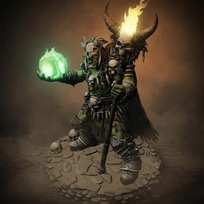Bloodbound Realms – Orc – Bonefire Shaman, Phù thủy chiến trường (Mô hình STL 3D Dark Fantasy)
