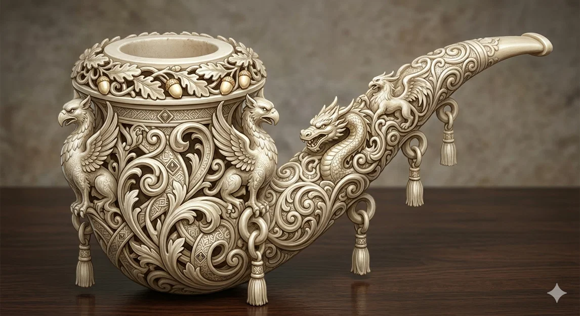 Tẩu hút thuốc TRANG TRÍ tự đứng, hoa văn ornate, có tua rua - Image 1
