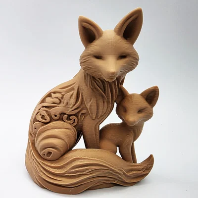 Mô hình 3D Cáo mẹ và Cáo con điêu khắc gỗ tinh xảo