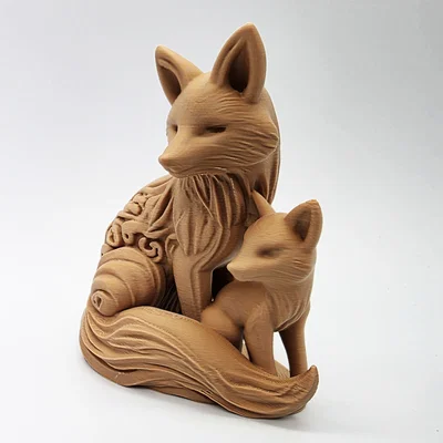 Mô hình 3D Cáo mẹ và Cáo con điêu khắc gỗ tinh xảo