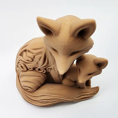 Mô hình 3D Cáo mẹ và Cáo con điêu khắc gỗ tinh xảo