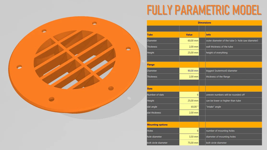 Nắp che lỗ thông gió tròn (FreeCAD, parametric, Lüftungsgitter) - Image 1