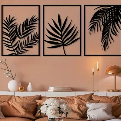 Bộ 3 tranh treo tường 3D họa tiết lá tre tinh tế cho nhà hiện đại