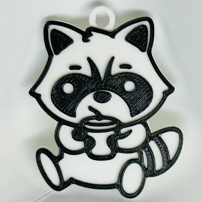 Móc Khóa Gấu Mèo Uống Cà Phê (Raccoon Drinking Coffee Keychain)