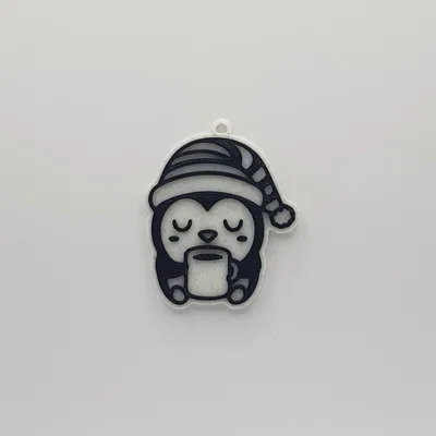 Móc khóa chim cánh cụt buồn ngủ cầm cà phê 3D dễ thương