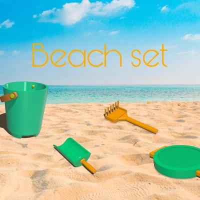 Bộ đồ chơi đi biển: xô, rổ rây, xẻng, cào