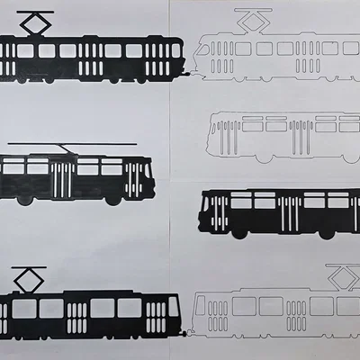 Khuôn vẽ 3D hình xe buýt và tàu điện Tatra (Prague)