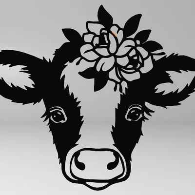 Mô hình trang trí tường đầu bò hoa 2D (Line Art Cow) in 3D đẹp