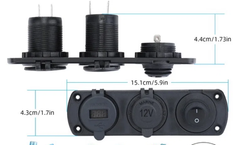 Mặt nạ tùy chỉnh cho ổ cắm tẩu thuốc 12V, 2 cổng USB, Vôn kế và bảng công tắc - Image 3