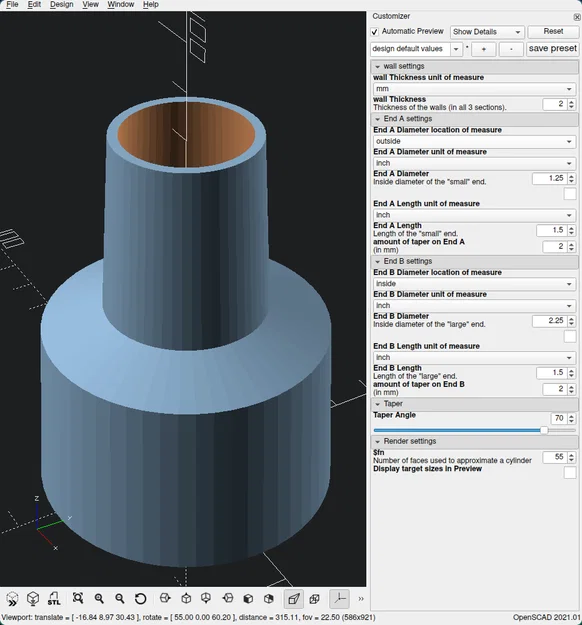 Adapter ống hút bụi xưởng Wet/Dry – fully parametric (I/D, O/D, taper...) - Image 2