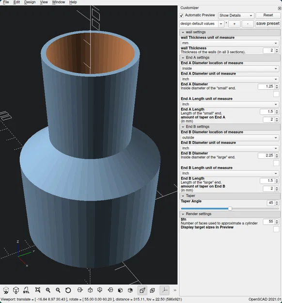 Adapter ống hút bụi xưởng Wet/Dry – fully parametric (I/D, O/D, taper...) - Image 3