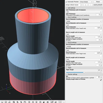 Adapter ống hút bụi xưởng Wet/Dry – fully parametric (I/D, O/D, taper...)
