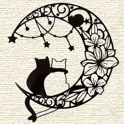 Tranh treo tường 3D đôi mèo trên vầng trăng hoa nghệ thuật