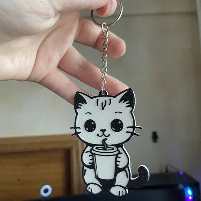 Móc khóa mèo dễ thương ôm ly cà phê