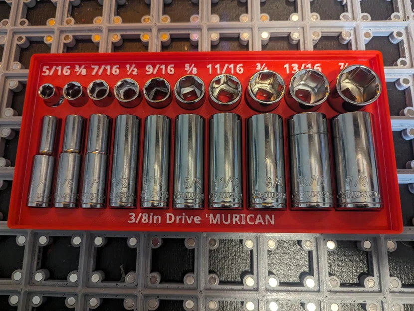 Khay giữ socket Gridfinity 3/8in SAE ('murican) cho đầu vặn 3/8in - Image 1