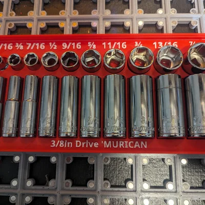 Khay giữ socket Gridfinity 3/8in SAE ('murican) cho đầu vặn 3/8in