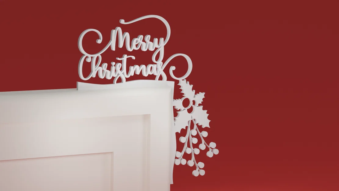 Góc viền cửa Noel 37 – Merry Christmas, lá holly & quả đỏ (ornament) - Image 1