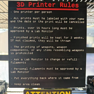 Bảng quy định sử dụng máy in 3D (3D Printer Rules) chuyên nghiệp