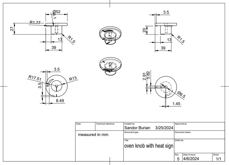 Nút vặn lò nướng 6.5mm có ký hiệu nhiệt độ - File in 3D STL - Image 3
